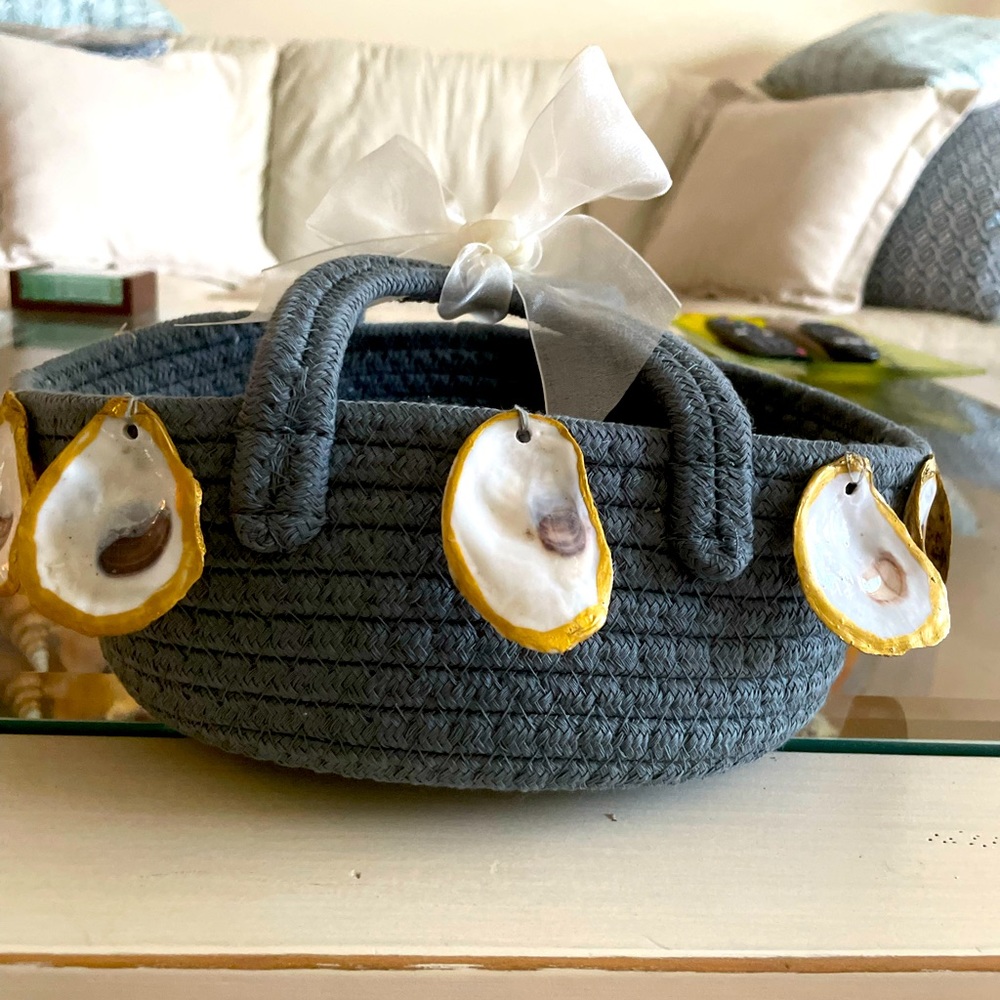 Oyster shell basket-handmade-small-adorable-use for bathrooms, bedrooms, etc.